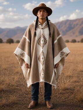 100% Andean Wool Hooded Poncho | Taupe Ivory Handwoven Unisex Pullover